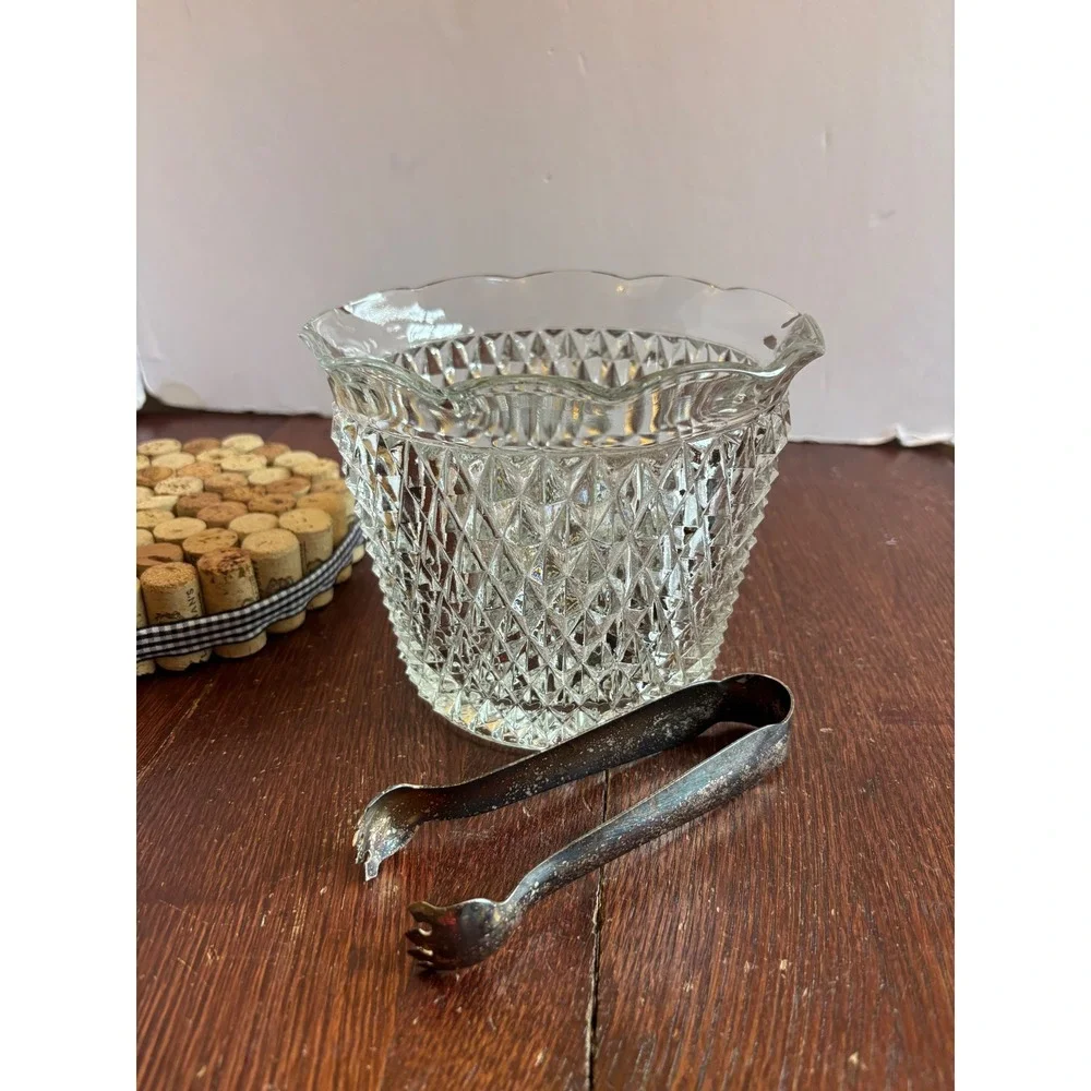 Vintage Diamond Point Pressed Glass Ice Bucket with Silver Tone Claw Tongs Set